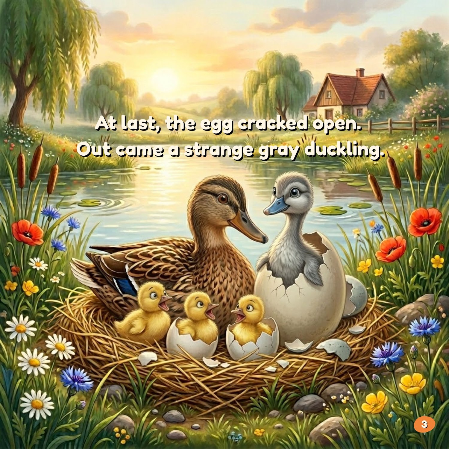 At last, the egg cracked open.  Out came a strange gray duckling.