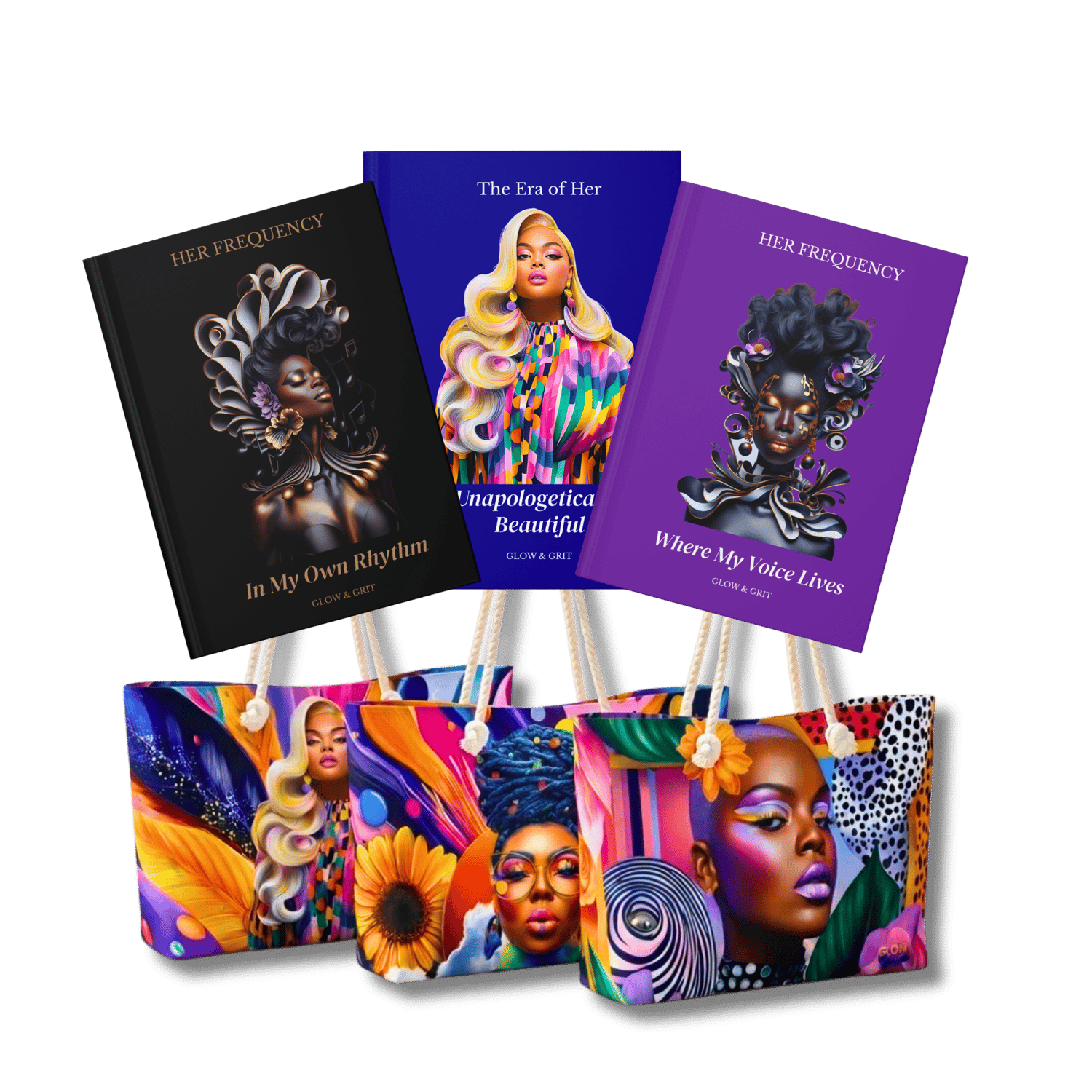 Glow Goods Collection – Afrocentric woman surrounded by creative lifestyle products, representing Glow & Grit’s premium stationery and fashion items.
