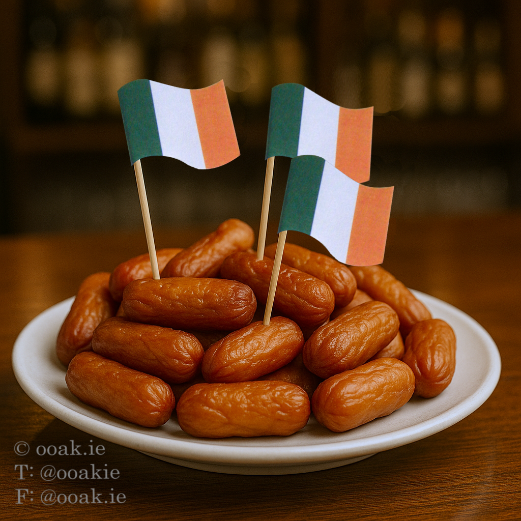 Printable Irish flags on cocktail sticks stuck in a plate of cocktail sausages