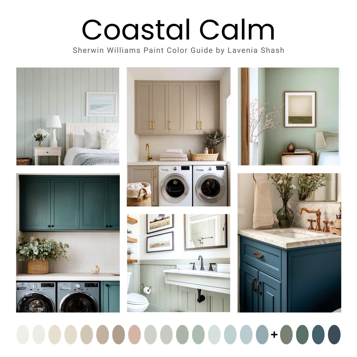 A Calm Coastal color palette with Sherwin Williams paint colors. Color scheme includes coordinating and complementary neutral shades of white, beige, light and airy blues and greens for farmhouse, beach house. Curated by Lavenia Shash.