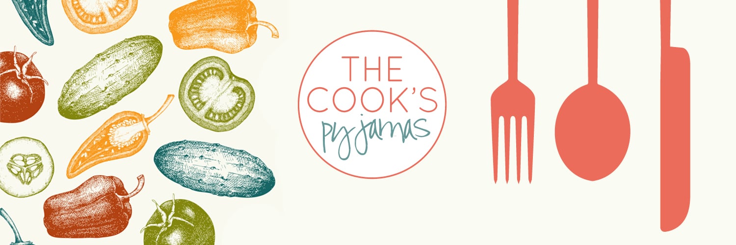 Banner Image with multicoloured vegetables on the left, a red for, knife and spoon on the right, and the words "The Cook's Pyjamas" in the middle