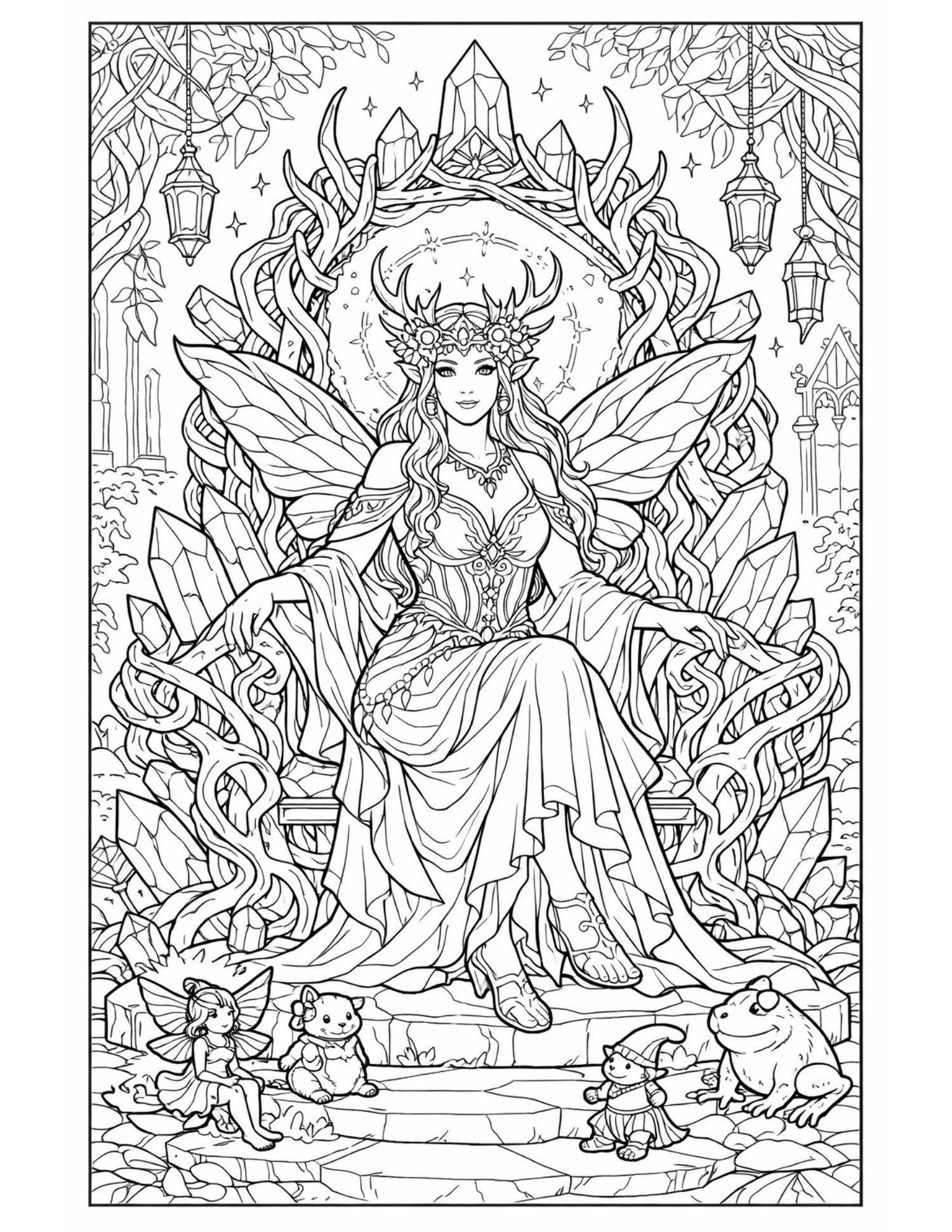 Sample pages from a fantasy fae court coloring book showing detailed fairy queen, enchanted forest, and magical crown line art coloring pages.