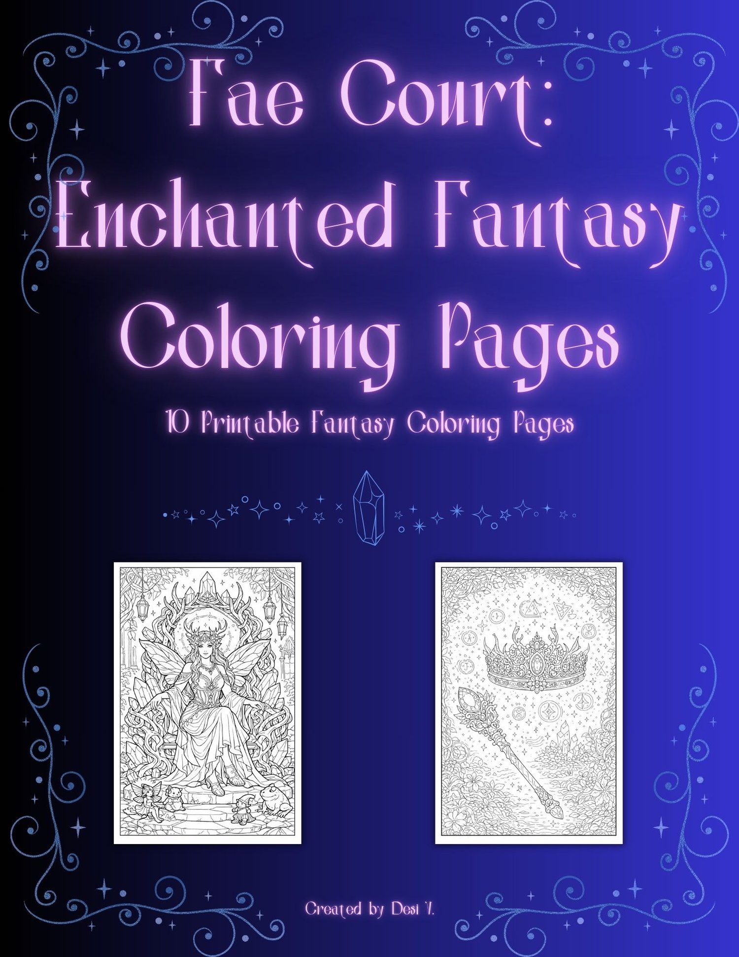 Fantasy fae court coloring book cover featuring glowing enchanted text and preview images of fairy queen and magical crown coloring pages.