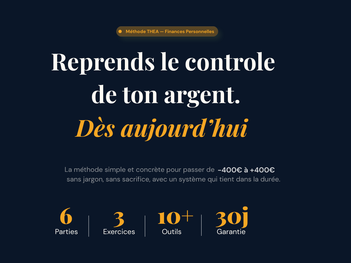 Infographie Thea Finances présentant les caractéristiques de la méthode budget :  6 étapes actionnables, accès à vie, 10+ outils et stratégies de désendettement,  garantie satisfait 30 jours. Citation : la finance personnelle c'est 20% de maths  et 80% de comportement — méthode THEA pour reprendre le contrôle de ses finances  personnelles en France.