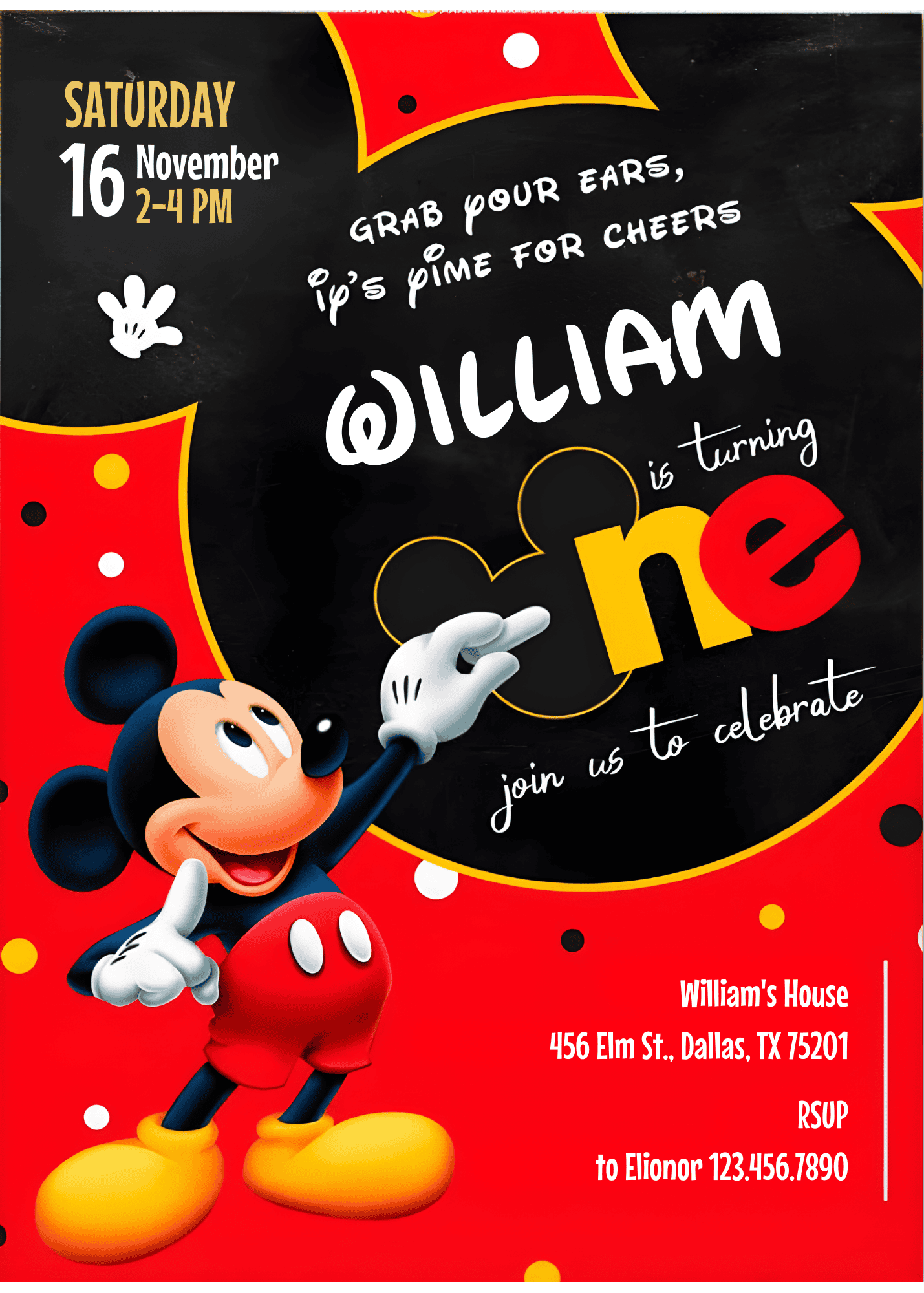 Mickey Mouse 1st birthday invitation Canva template