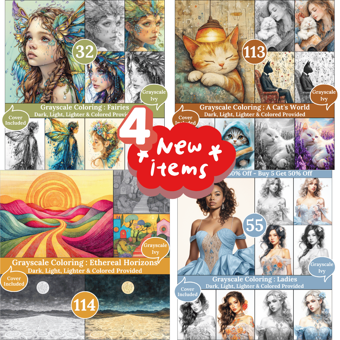Grayscale Ivy New Arrivals — May 09, 2026 4 New Grayscale Coloring Books for Adults – Printable Digital PDFs Each book includes Dark, Light, Lighter & Colored versions, designed for dreamy and creative coloring moments.