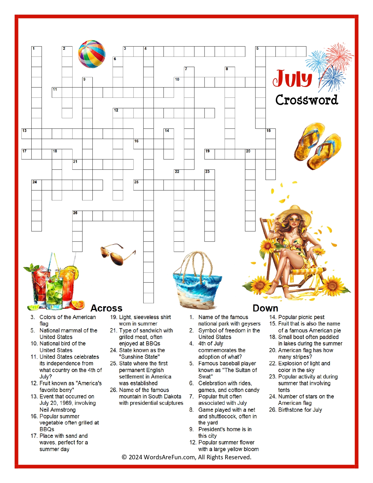 July Crossword Puzzle Printable PDF – Summer & Patriotic Activity for