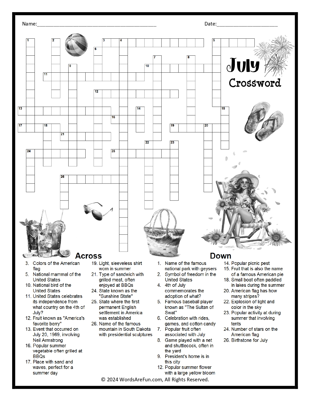 July Crossword Puzzle Printable PDF – Summer & Patriotic Activity for