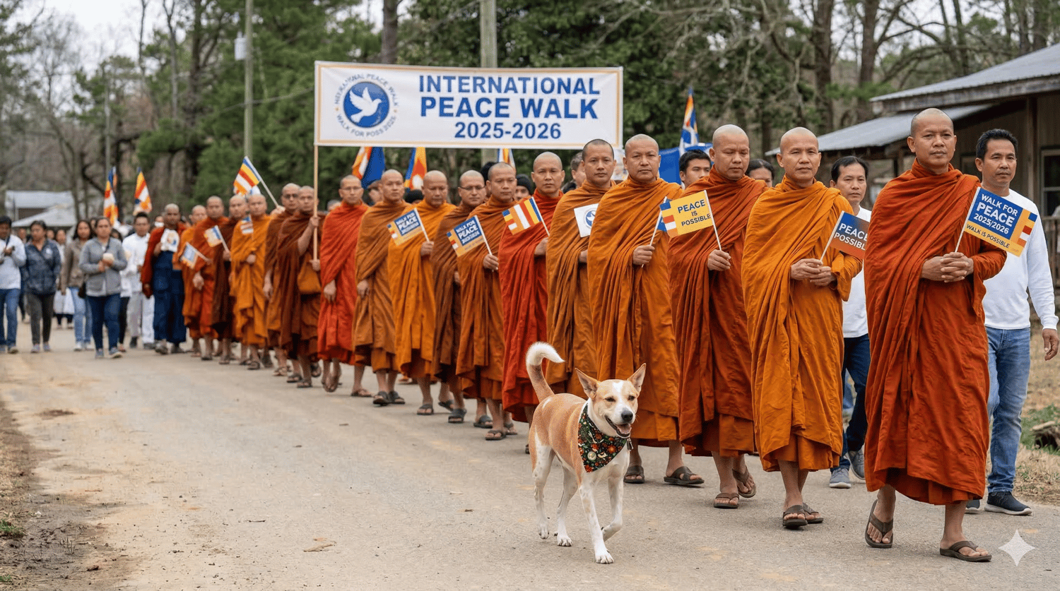 Aloka the peace dog walking with Buddhist monks on a peace walk, AI-generated