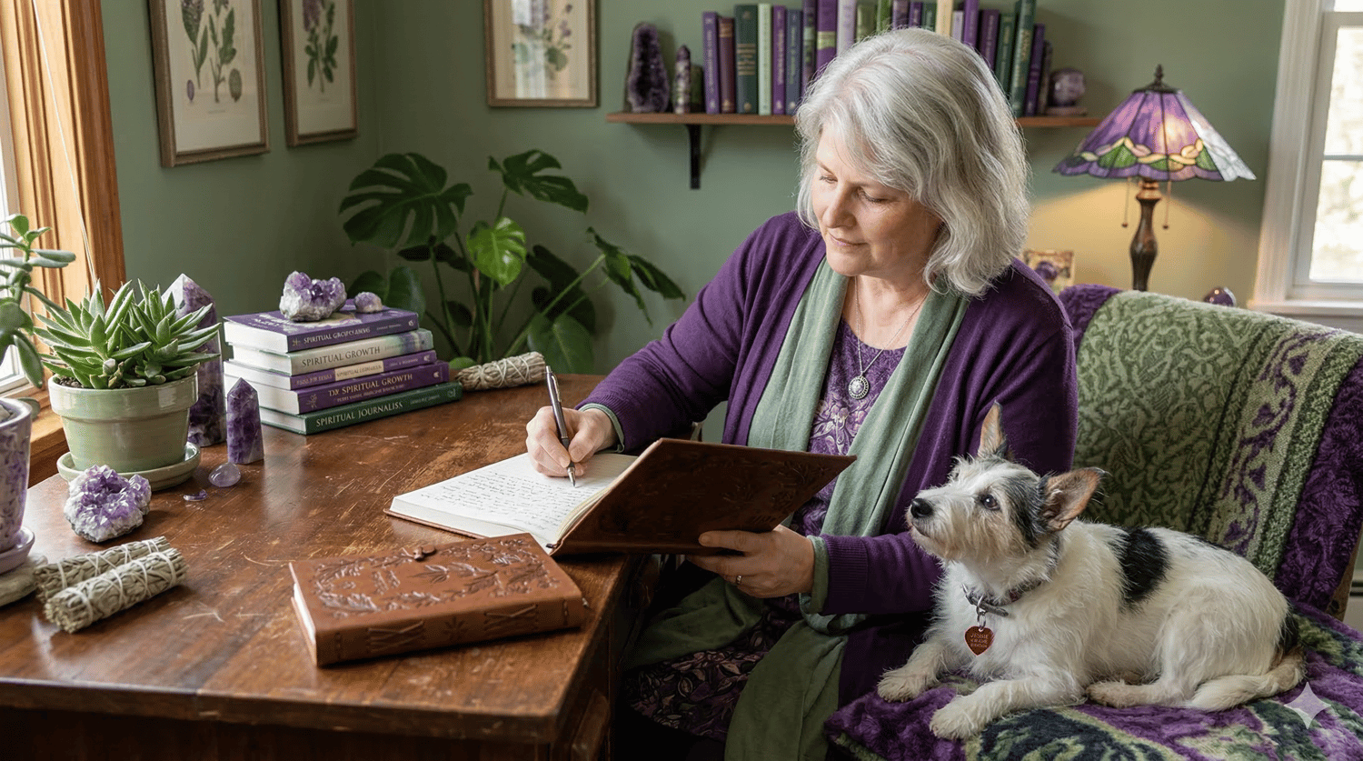 Spiritual woman writing in journal with her devoted Jack Russell dog next to her
