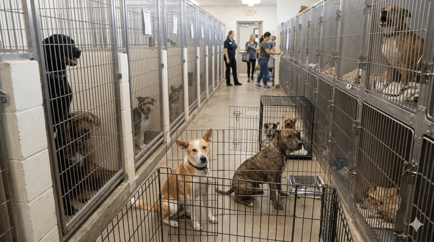 Dogs at a shelter in cages including Aloka