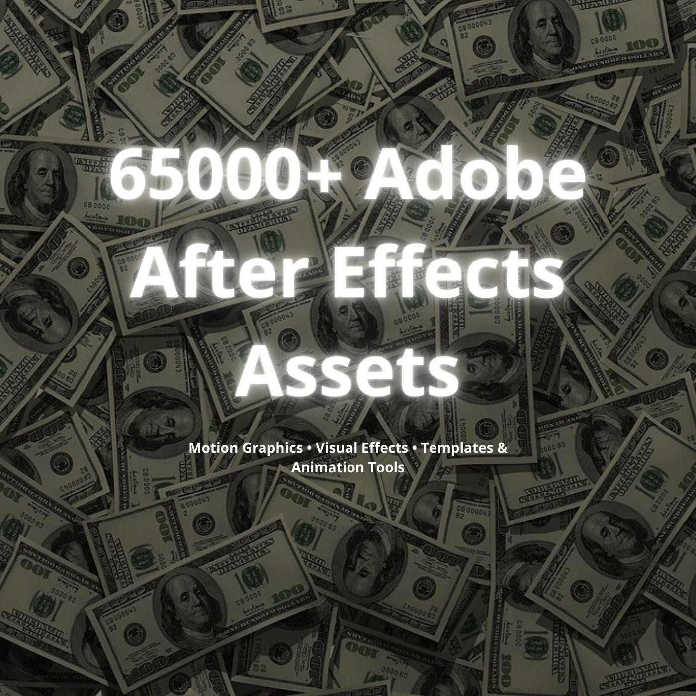 Product cover with money background and title ‘65,000+ After Effects Assets’.
