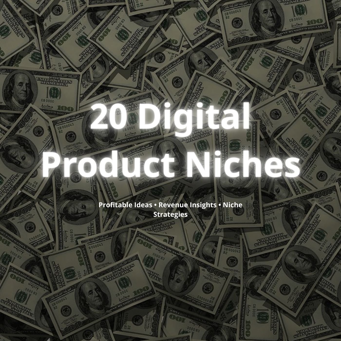 Product cover with money background and title ‘20 Digital Product Niches’.