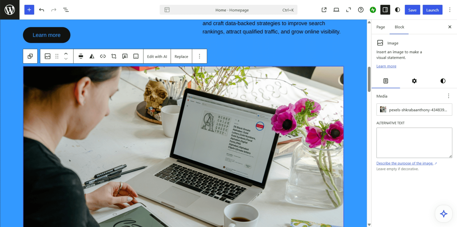 WordPress.com web editor user dashbaord