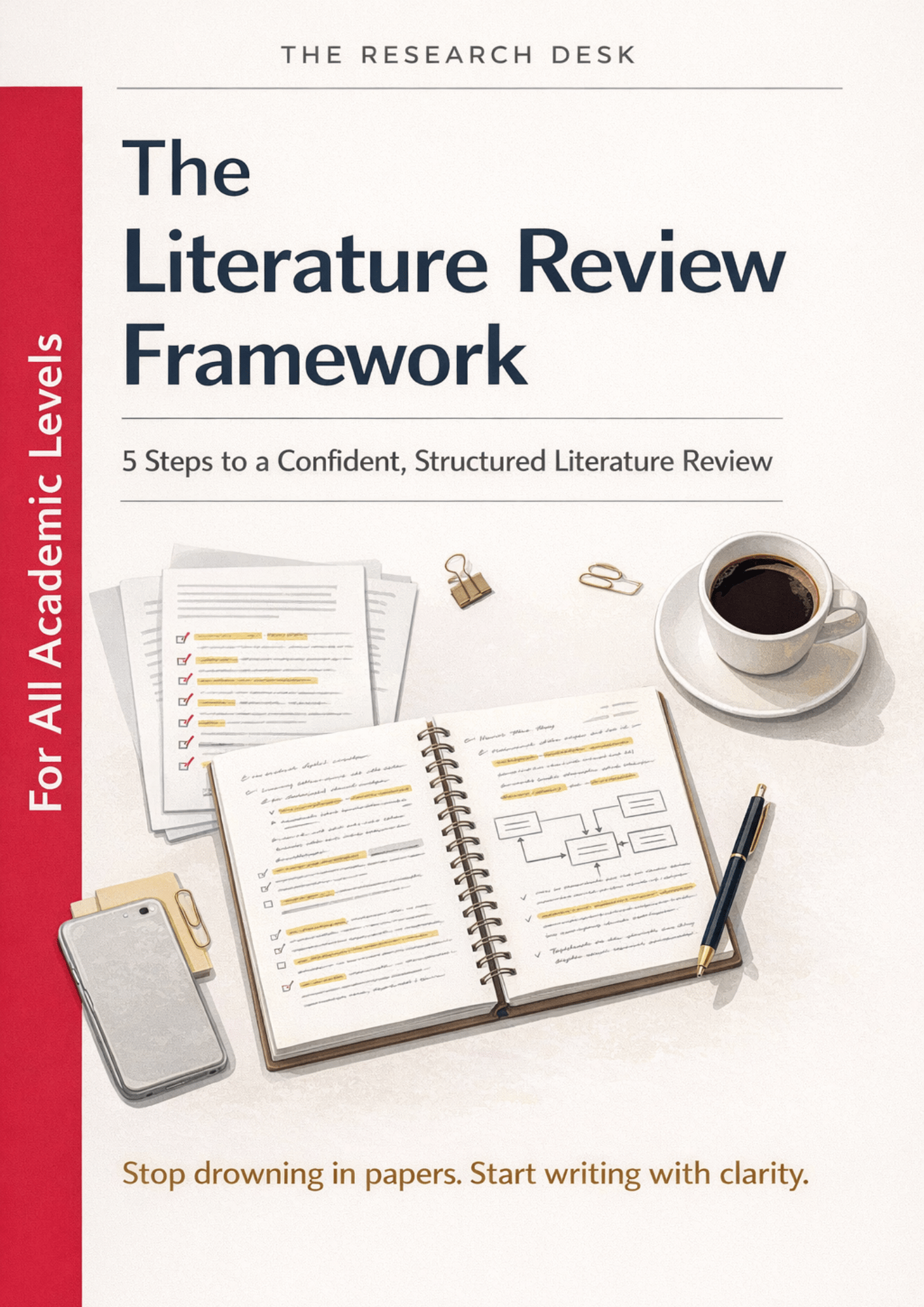The Literature Review Framework workbook cover — a 5-phase step-by-step PDF guide for students and researchers, by The Research Desk