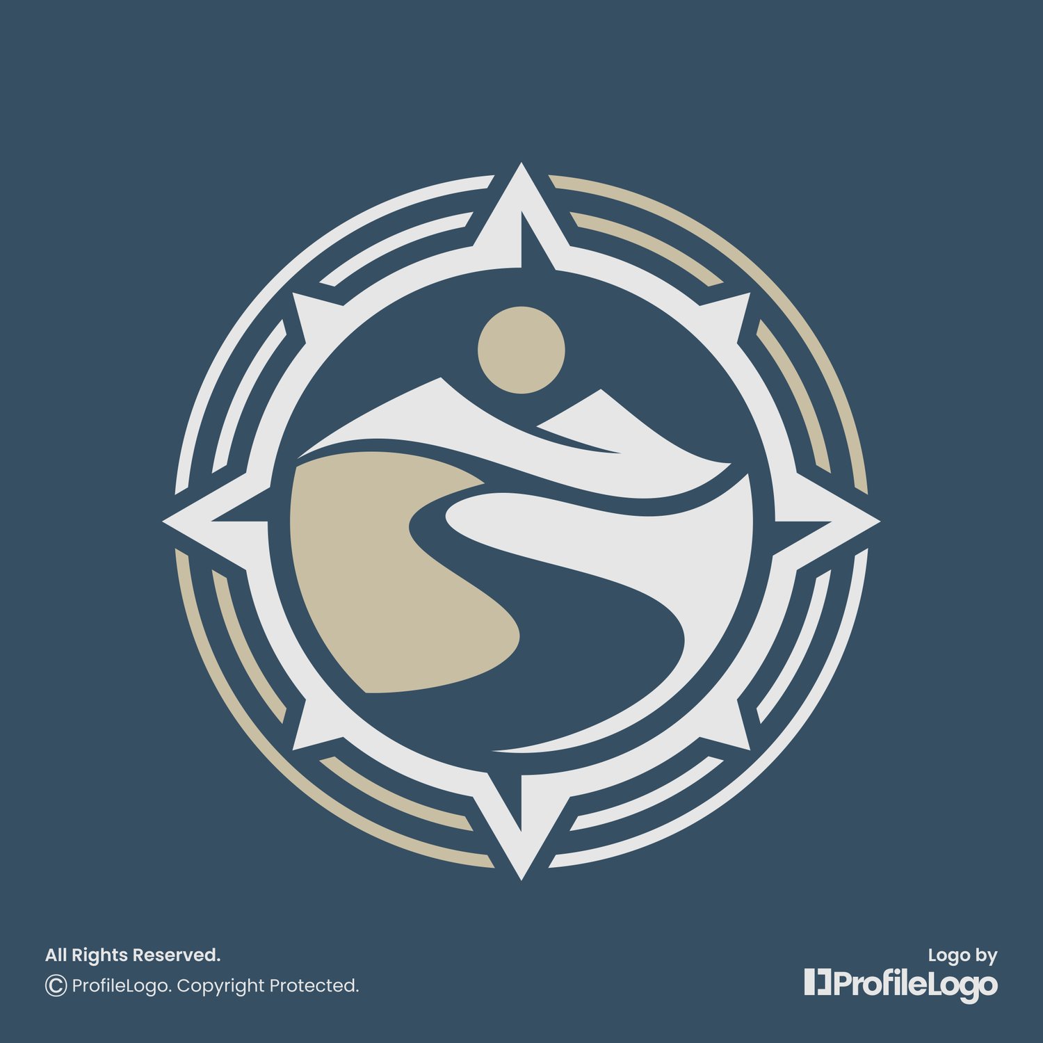 Luxury adventure compass mountain logo by ProfileLogo with blue background