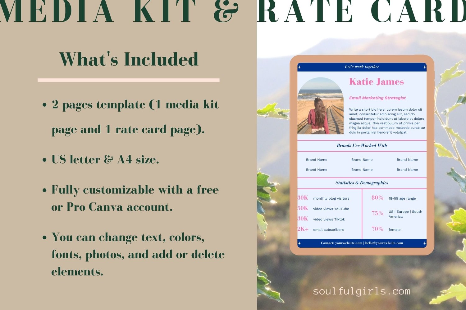 This Canva template includes one media kit page and one rate card page, in US letter and A4. Fully customizable with a free or Pro Canva account. You can change text, photos, fonts, colors, and add or delete elements. Example of the template.