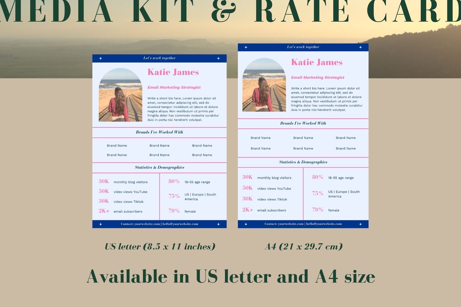 Example of a page from this media kit and rate card template in US letter size and in A4 size.