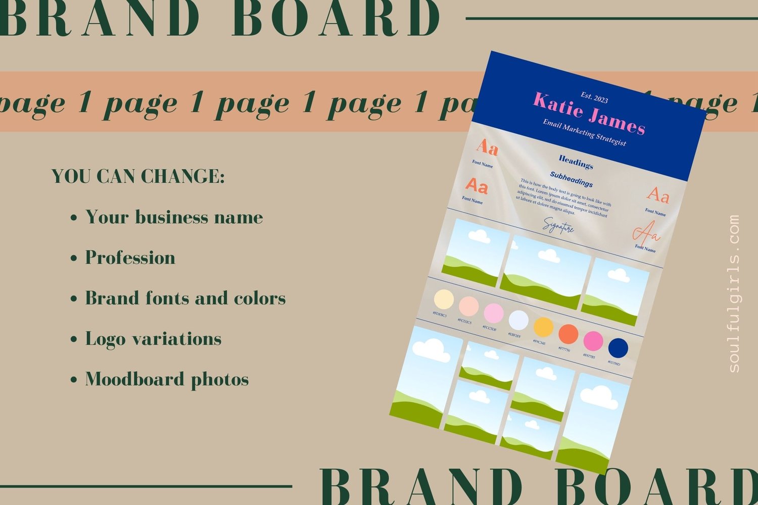 In this brand board kit template for Canva you can change your business name, profession, brand fonts and colors, logo variations, and moodboard photos. Example of the brand board kit template.