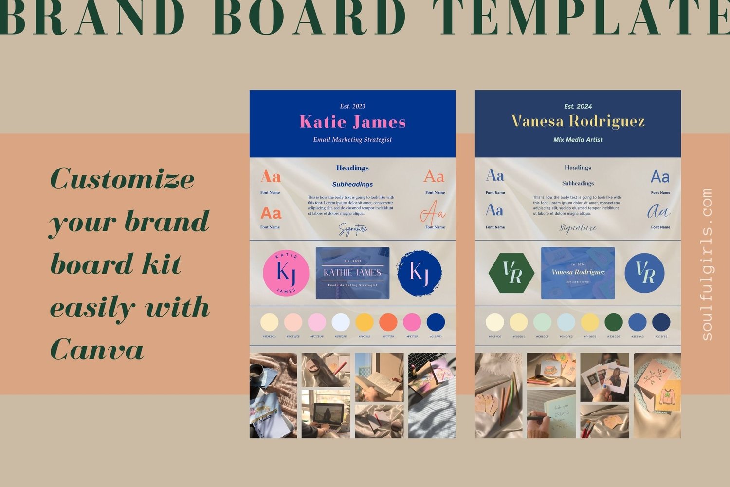Customize your brand board kit easily with Canva. Example of a template without modifying, and the same template customized.