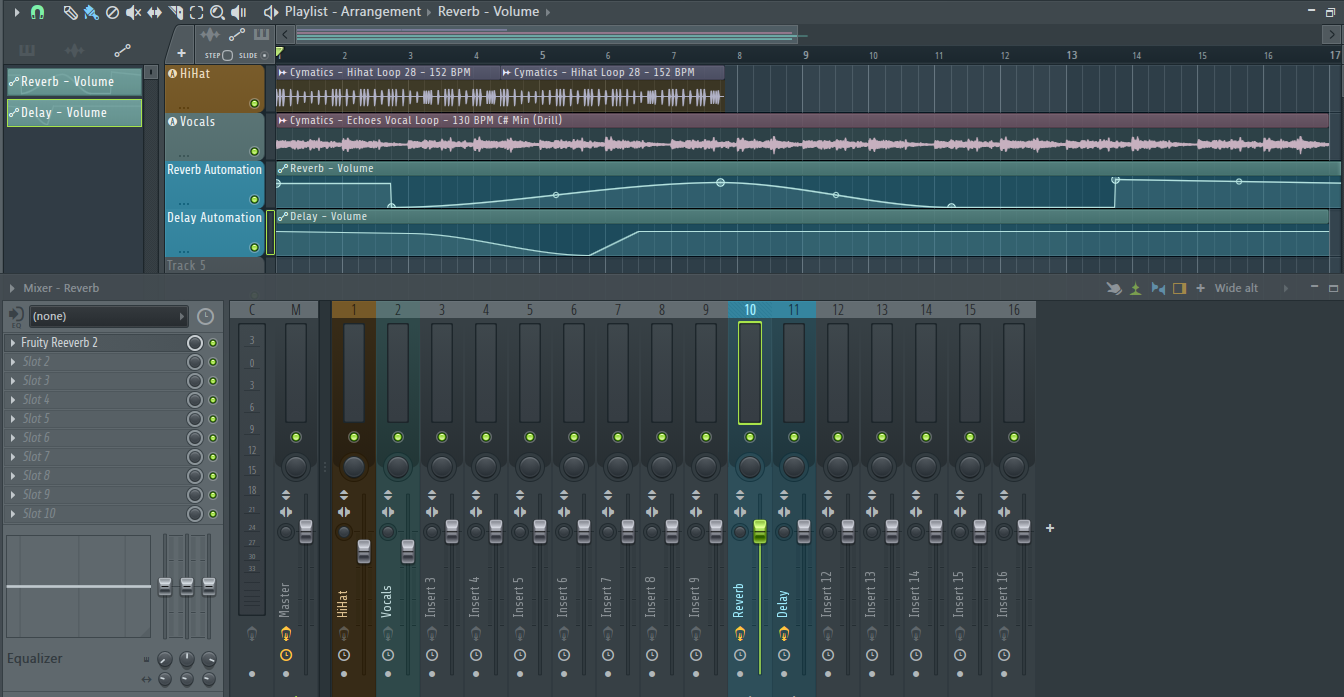 A screenshot of FL Studio, showing only 2 tracks and the mixer. The mixer shows two tracks being routed to a Reverb and Delay send track.