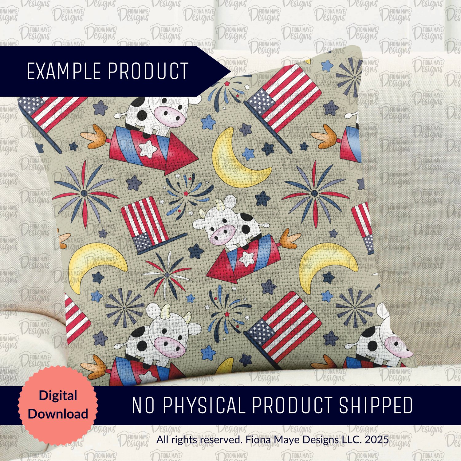 Decorative pillow mockup displaying the Rocket Moo seamless pattern of cartoon cows riding rockets with fireworks, crescent moons, stars, and American flags on a beige backdrop.