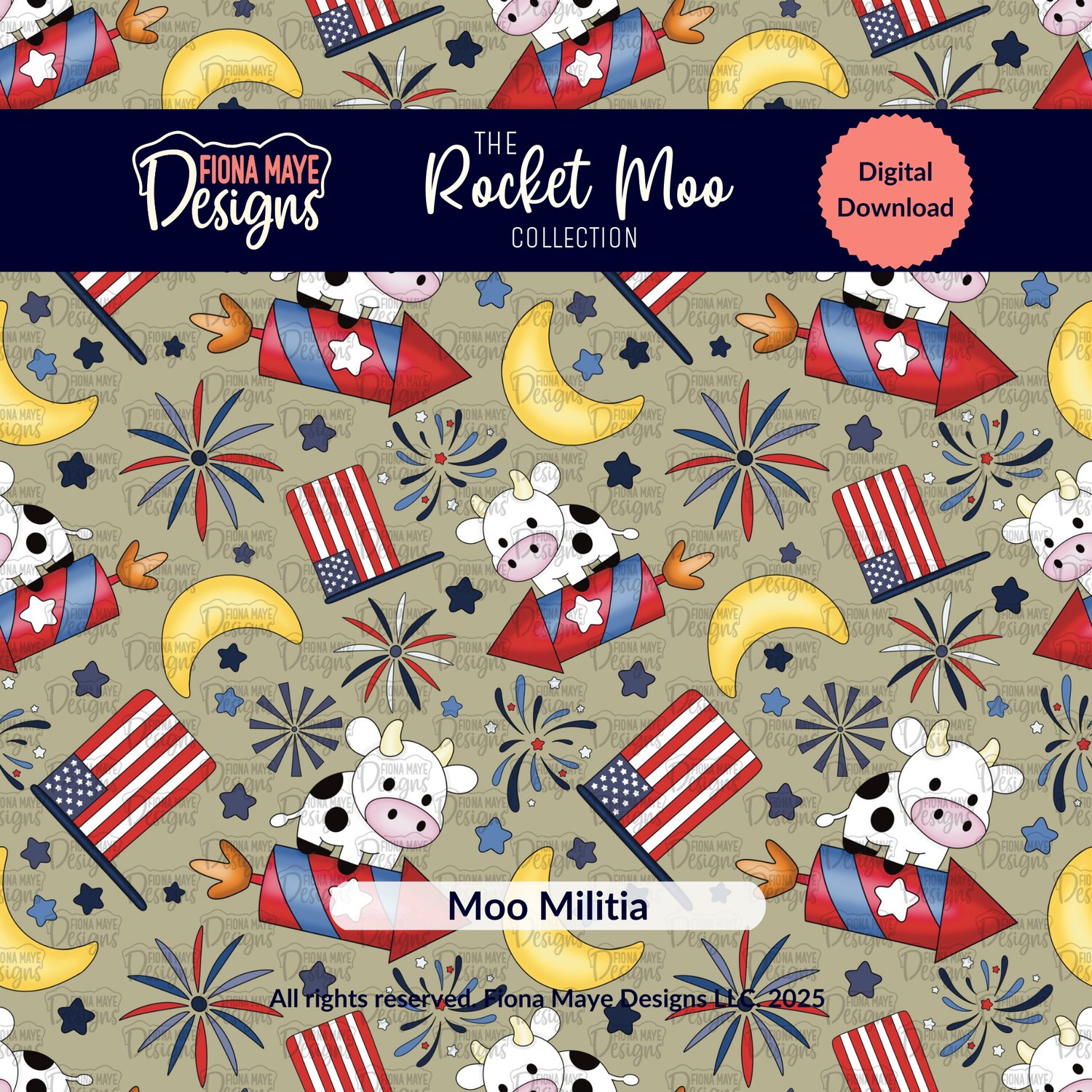 Digital pattern display featuring the Rocket Moo patriotic cow design with cows on rockets, fireworks, stars, moons, and American flags on a beige background.