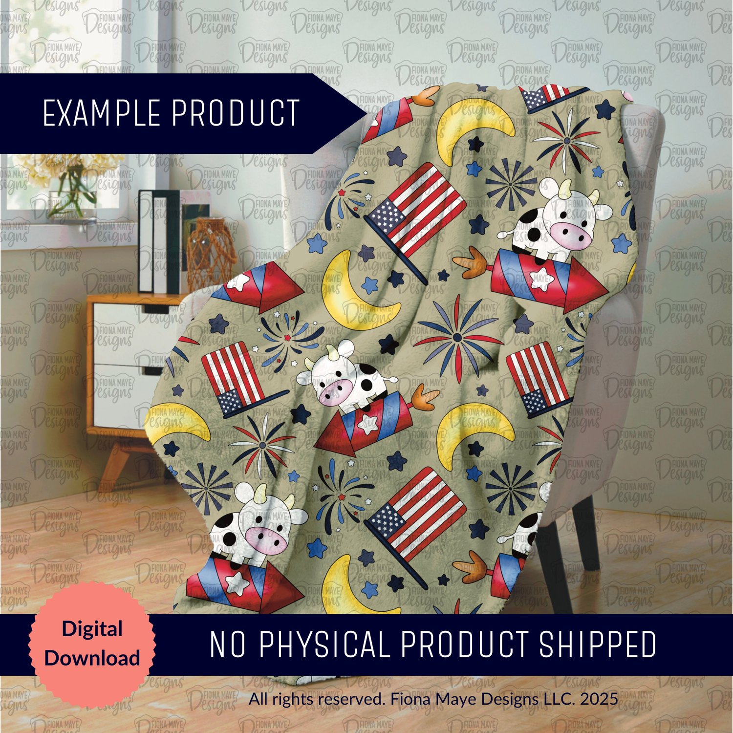 Decorative blanket draped over a chair, printed with the Rocket Moo seamless pattern of cartoon cows riding rockets with fireworks, crescent moons, stars, and American flags on a beige backdrop.