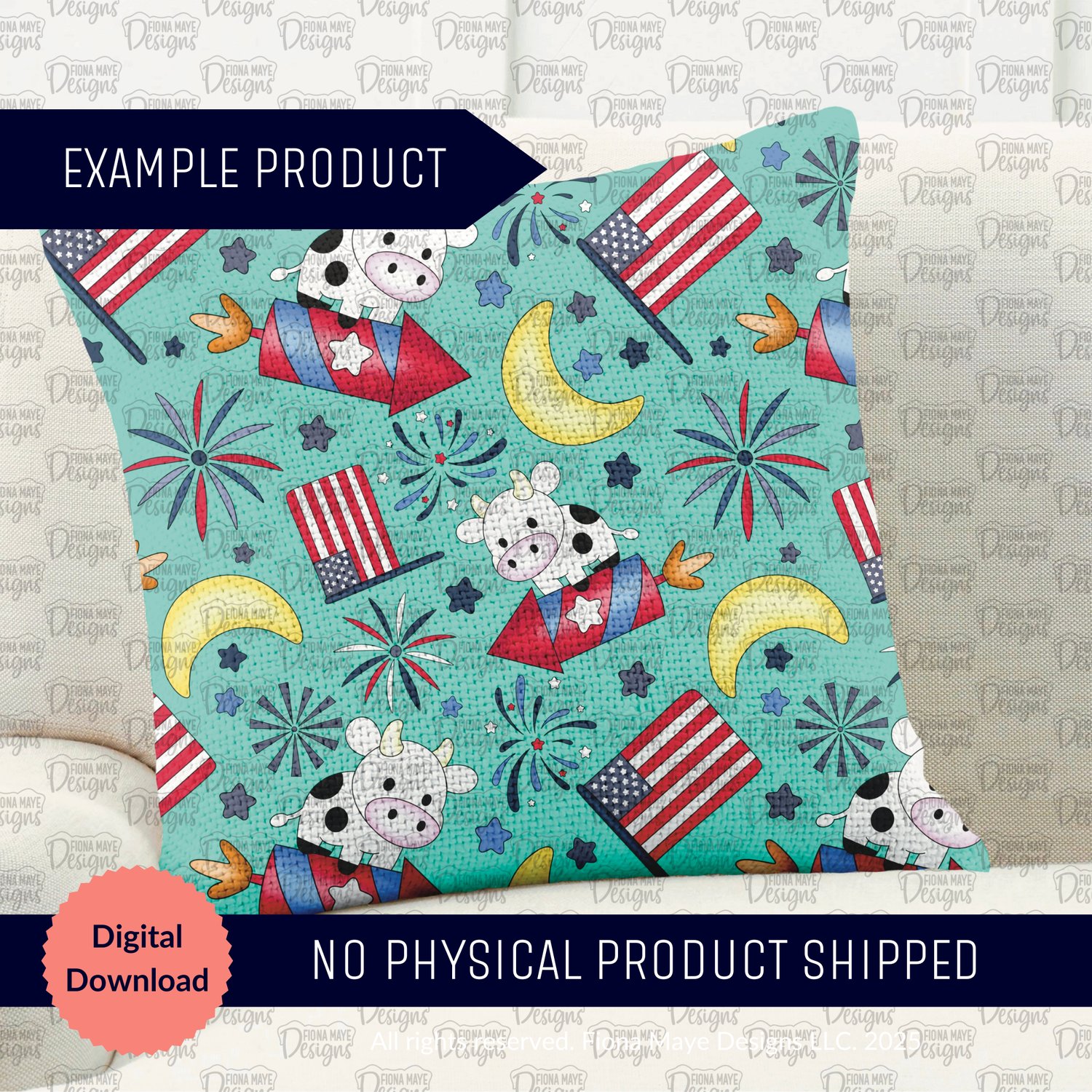 Decorative pillow mockup displaying the Rocket Moo seamless pattern of cartoon cows riding rockets with fireworks, crescent moons, stars, and American flags on a teal backdrop.