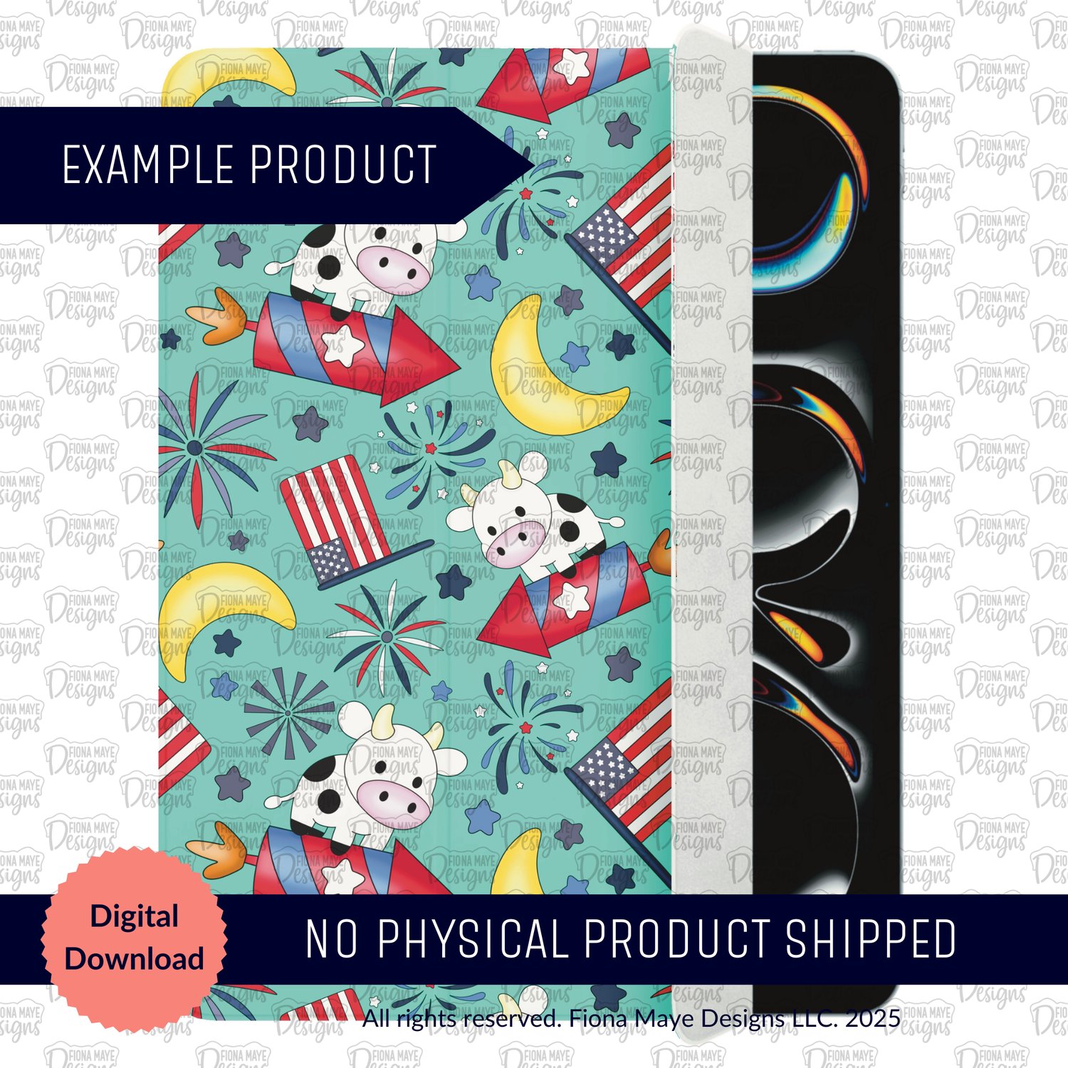 Tablet case mockup featuring the Rocket Moo patriotic cow pattern with cows on rockets, fireworks, stars, moons, and flags on a teal background.