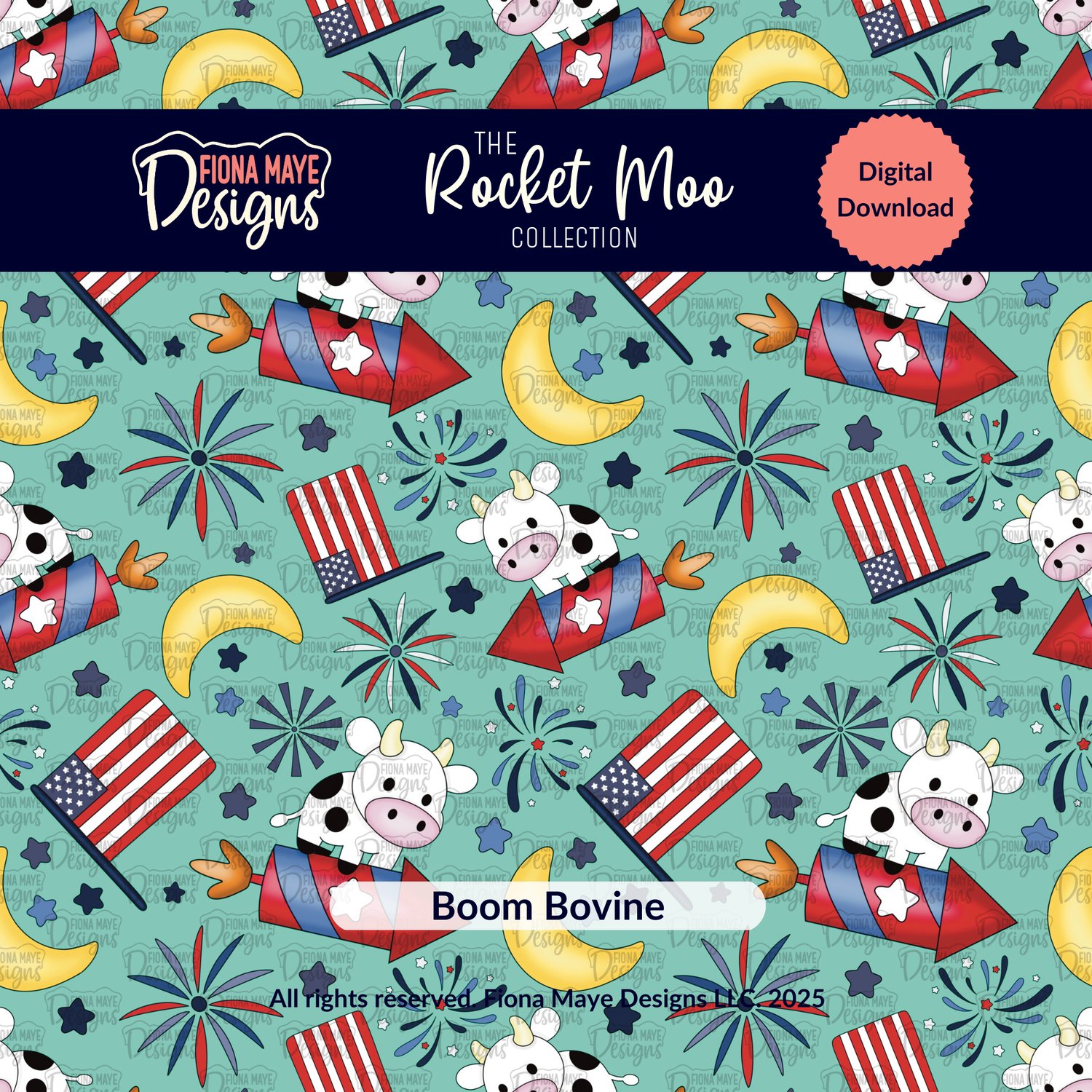 Digital pattern display featuring the Rocket Moo patriotic cow design with cows on rockets, fireworks, stars, moons, and American flags on a teal background.