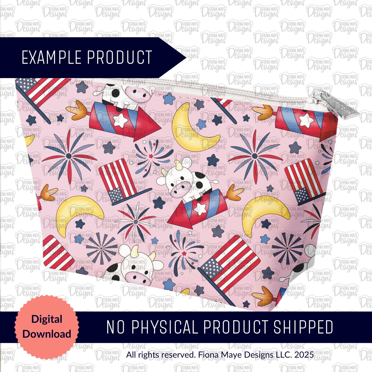 Zippered pouch mockup featuring the Rocket Moo patriotic cow pattern with cows on rockets, fireworks, stars, moons, and flags on a pink background.