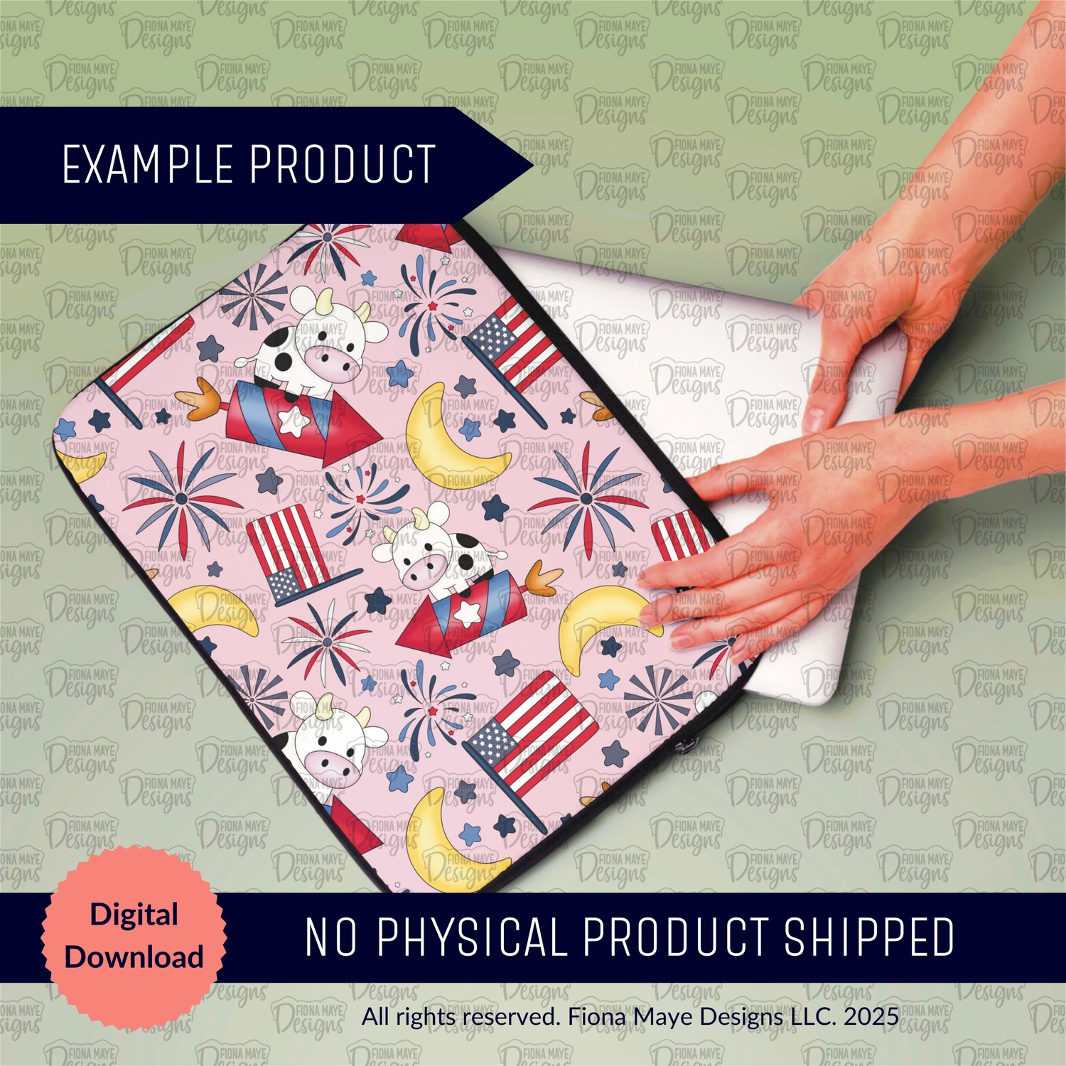 Hands holding a laptop sleeve printed with the Rocket Moo seamless pattern of cartoon cows riding rockets with fireworks, crescent moons, stars, and American flags on a pink backdrop.