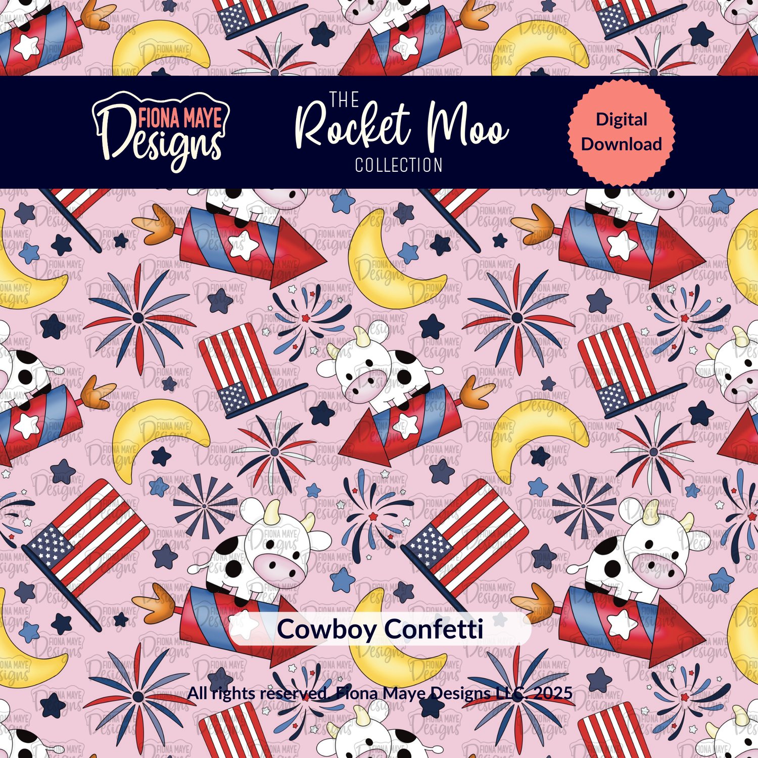 Hand‑drawn patriotic cow seamless pattern with cows riding rockets, fireworks, stars, and moons on a light pink background.