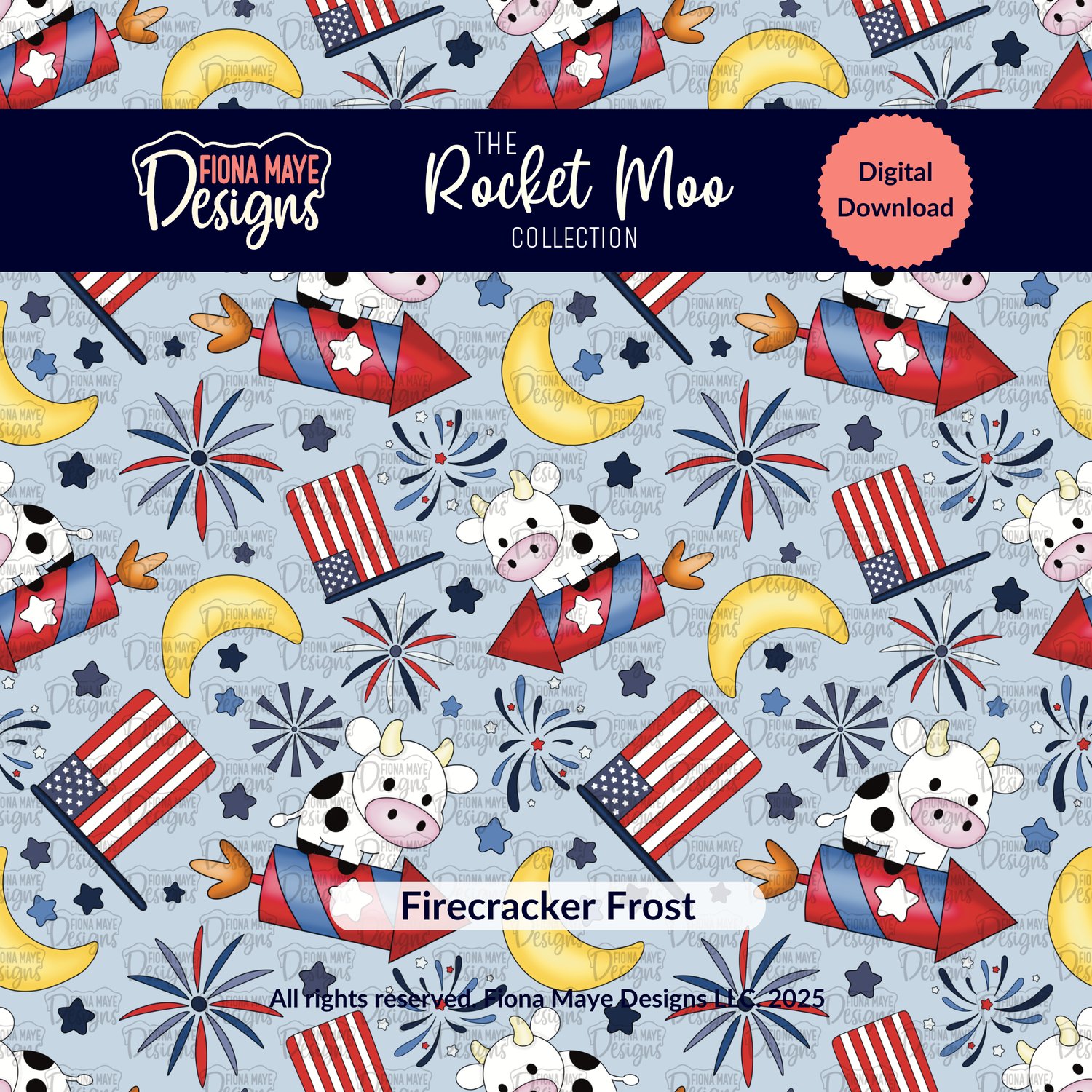 Hand-drawn patriotic cow seamless pattern PNG with cows riding rockets, fireworks, stars, and moons on light blue background for fabric, stickers, and crafts.