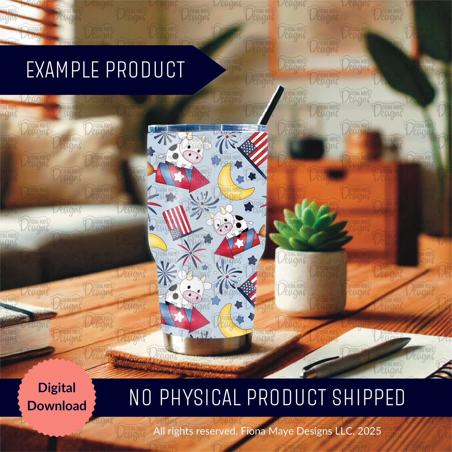Tall tumbler mockup featuring Rocket Moo patriotic cow seamless pattern. Pattern has a light blue background and can be used for stickers, fabric, and other DIY projects.