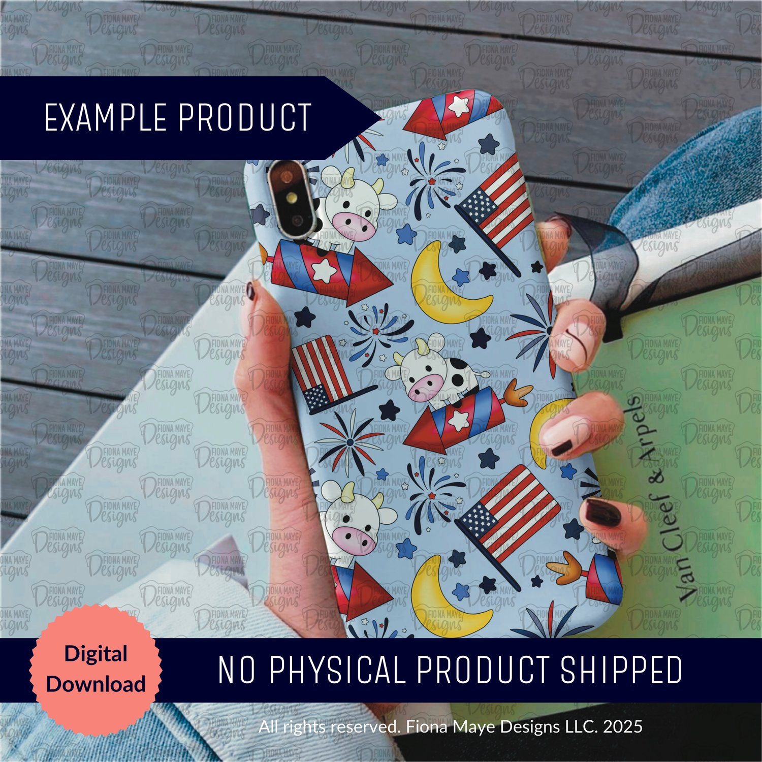 Phone case mockup with festive patriotic cow seamless pattern on light blue background, suitable for stickers, fabric, and DIY projects.