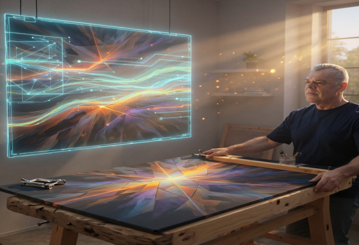 Pedro Lara Romero, trabajando en un estudio creativo frente a un lienzo digital con arte abstracto geométrico y colores vibrantes, combinando técnicas tradicionales y digitales.