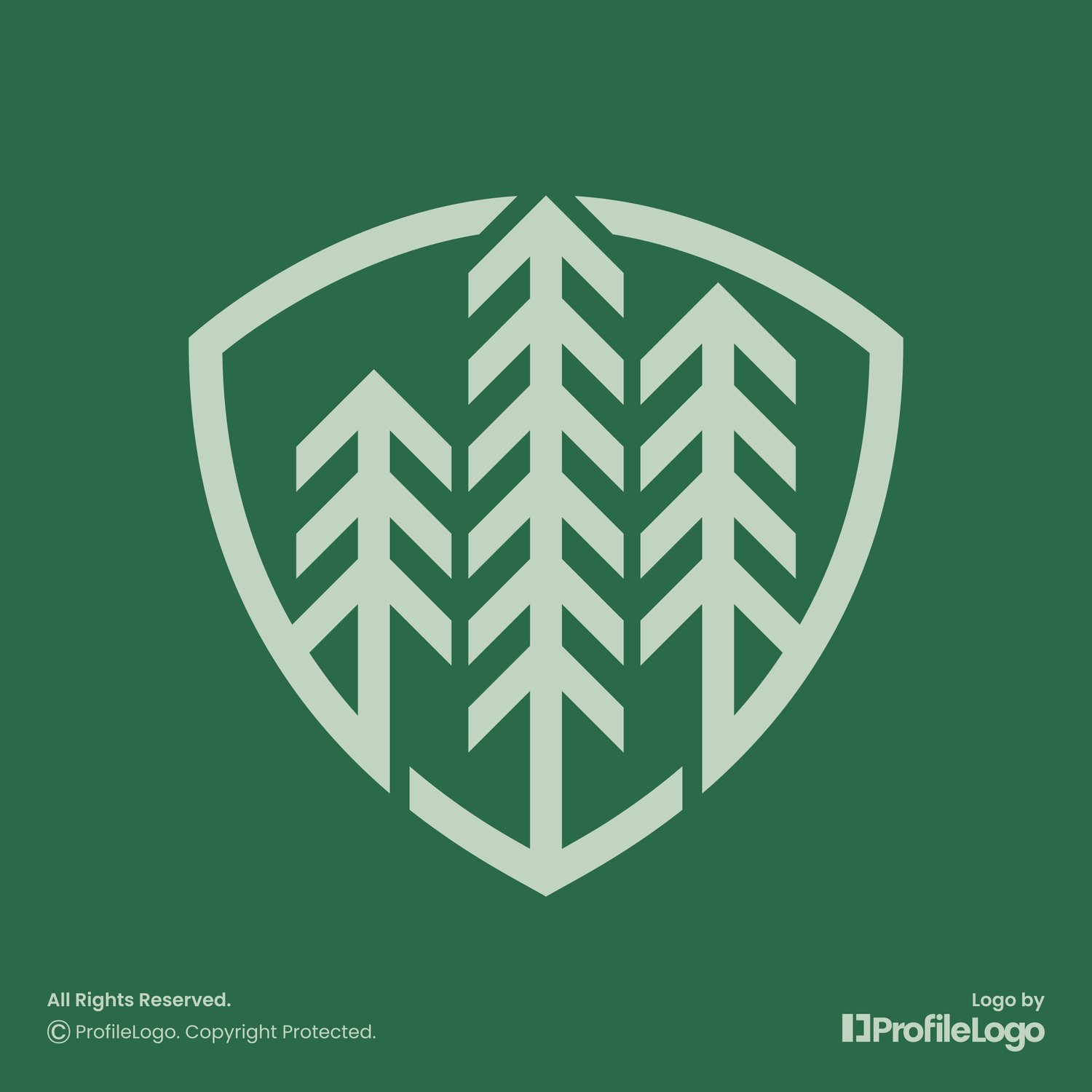 Minimalist pine tree shield logo by ProfileLogo with dark green background
