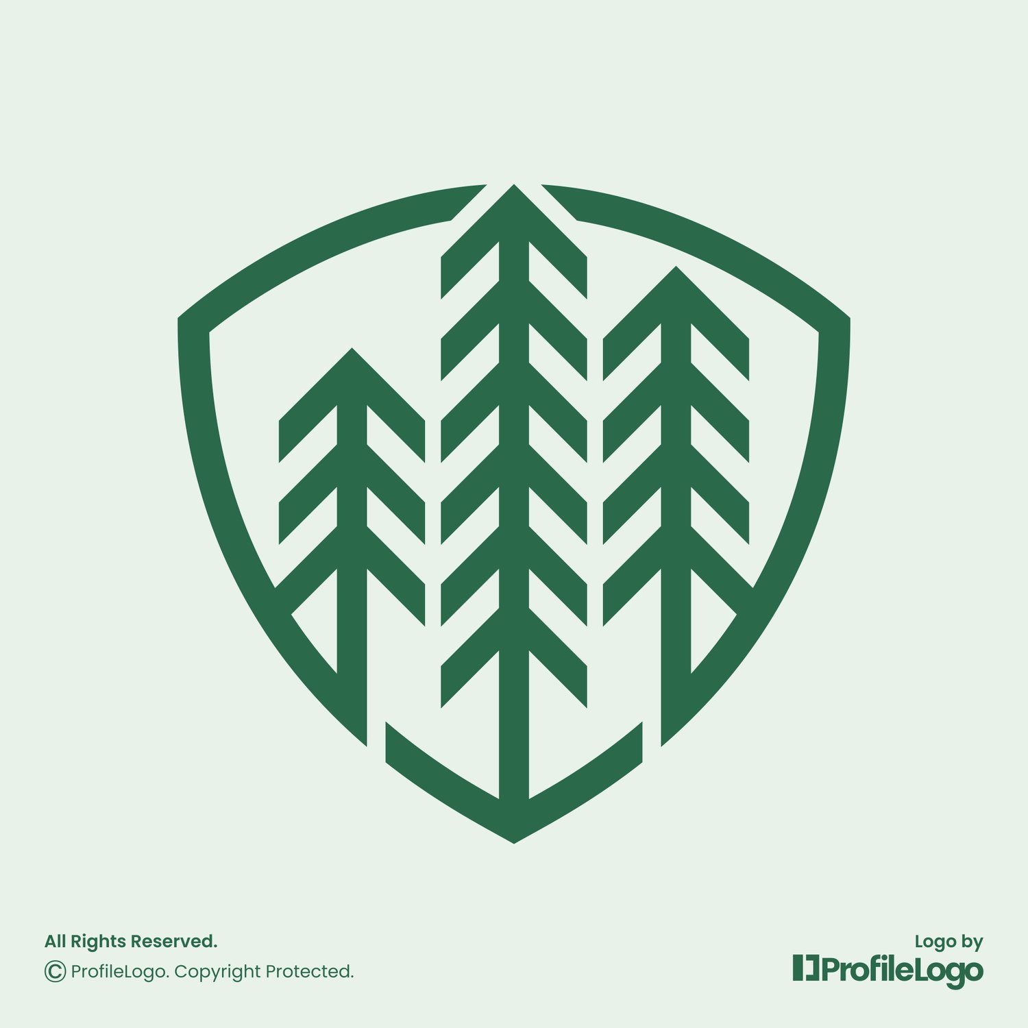 Minimalist pine tree shield logo by ProfileLogo with light green background
