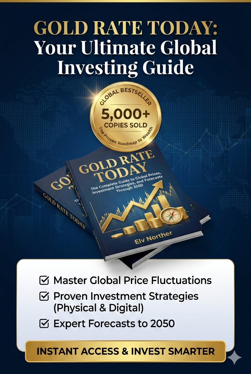 Cover of Gold Rate Today book by Elv Norther, showing gold coins and a rising growth chart on a dark blue background. Text says 5,000+ copies sold.