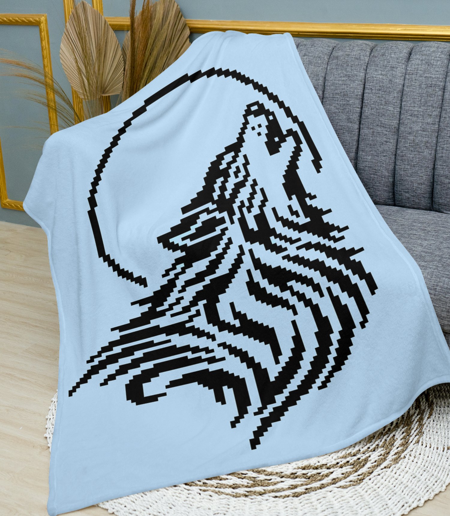 Finished wolf crochet blanket on sofa, C2C graphghan design