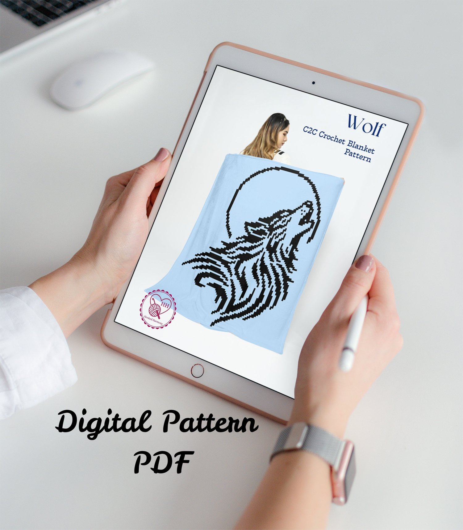 Wolf C2C crochet pattern PDF on tablet, digital download patternCrochet yarn requirements and sizes for wolf C2C blanket pattern