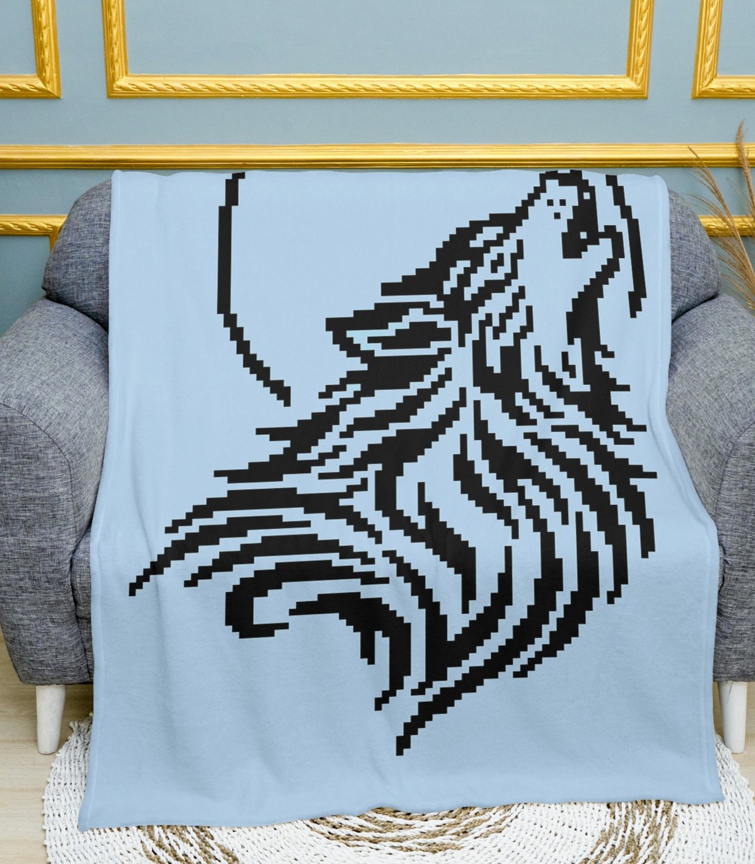 Close up of wolf crochet blanket, black and blue C2C design