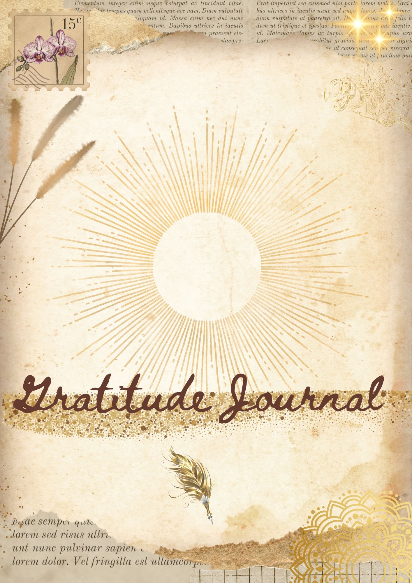 Cover of digital gratitude journal with golden accents magical shimmers and aged old fashioned printings