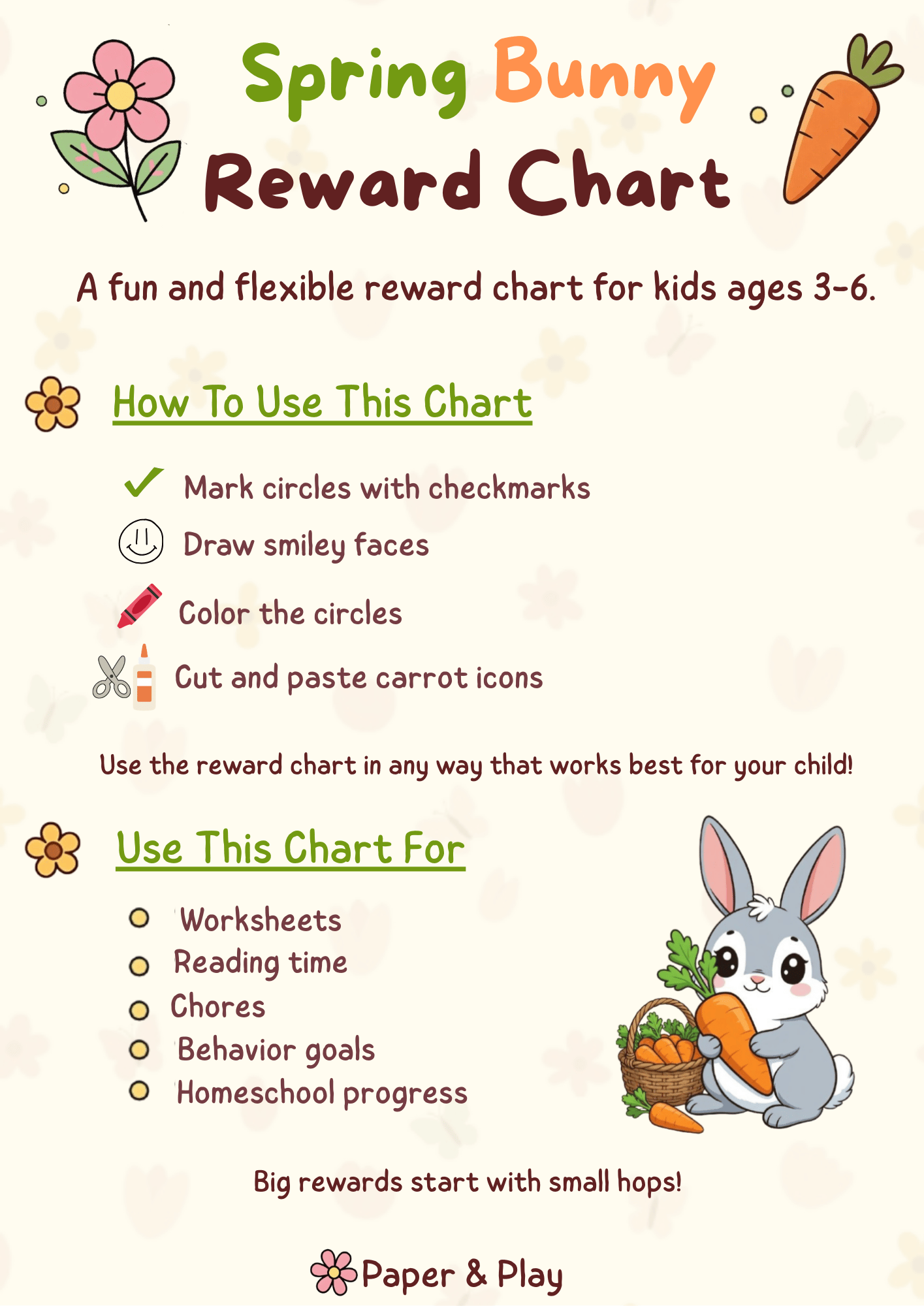 A printable path-style progress chart for kids with "Start!" and "You did it!" markers, featuring a spring bunny and floral garden theme.