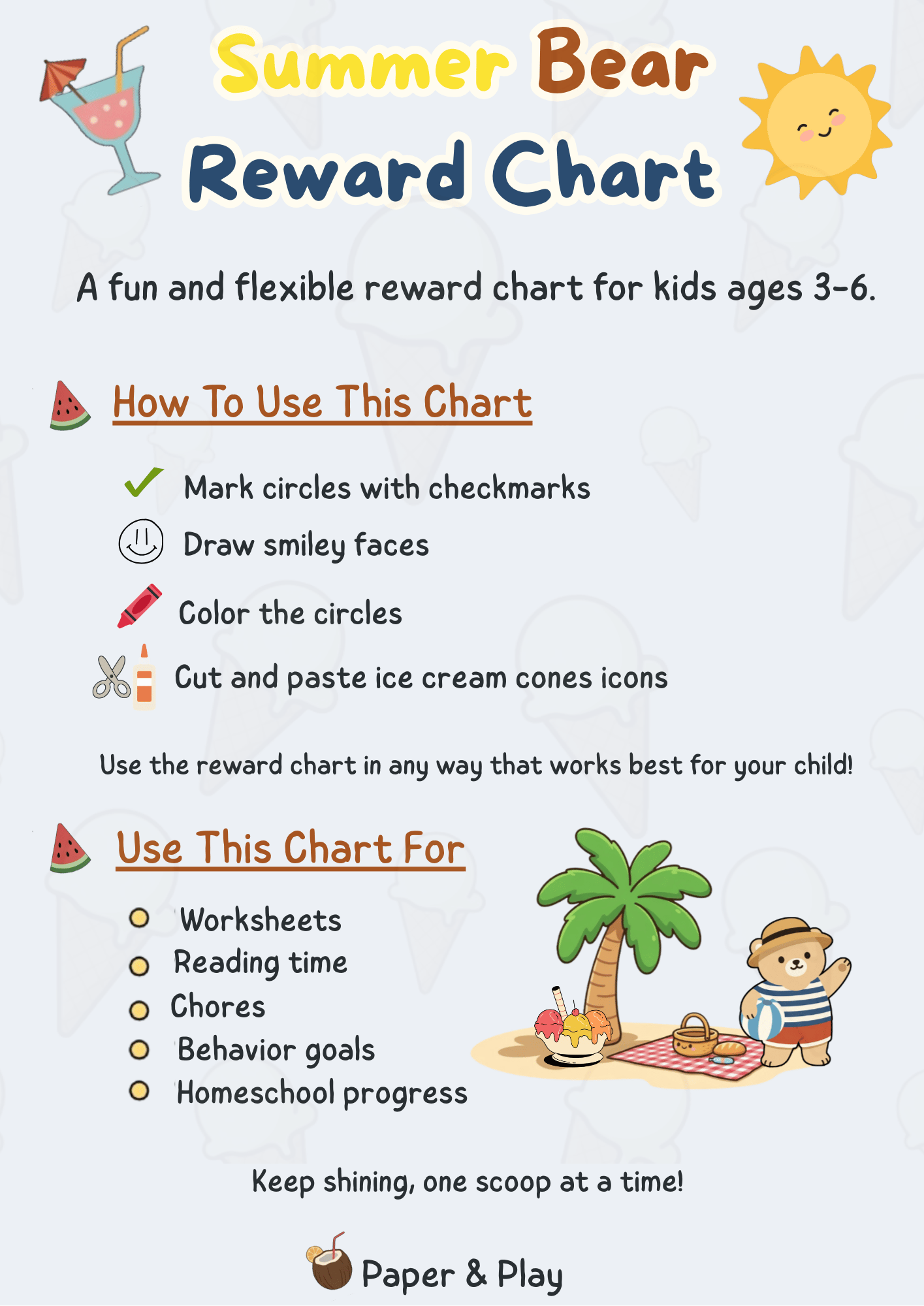 A printable path-style progress chart for kids with a "Start!" and "You did it!" finish line, featuring a summer bear and ice cream theme.