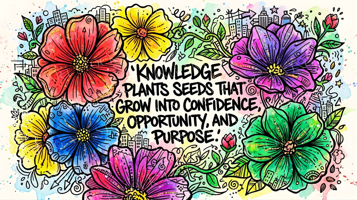 A vibrant watercolor and ink doodle illustration featuring colorful cosmos flowers and small cityscape elements framing the central hand-lettered motivational quote.