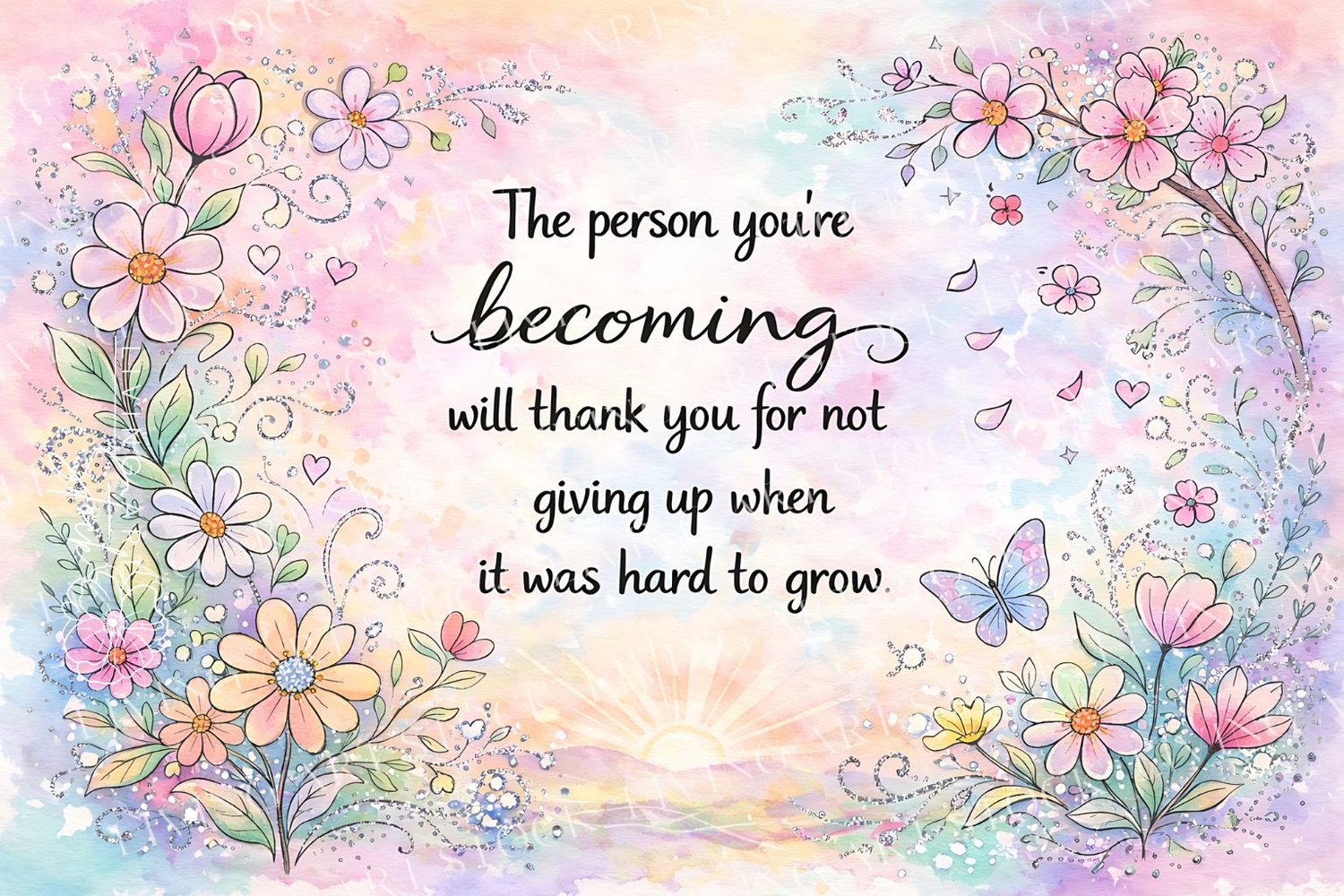 A delicate watercolor illustration features a variety of pink, peach, and light blue flowers and a butterfly forming a border around the central text: "The person youre becoming will thank you for not giving up when it was hard to grow." The background i