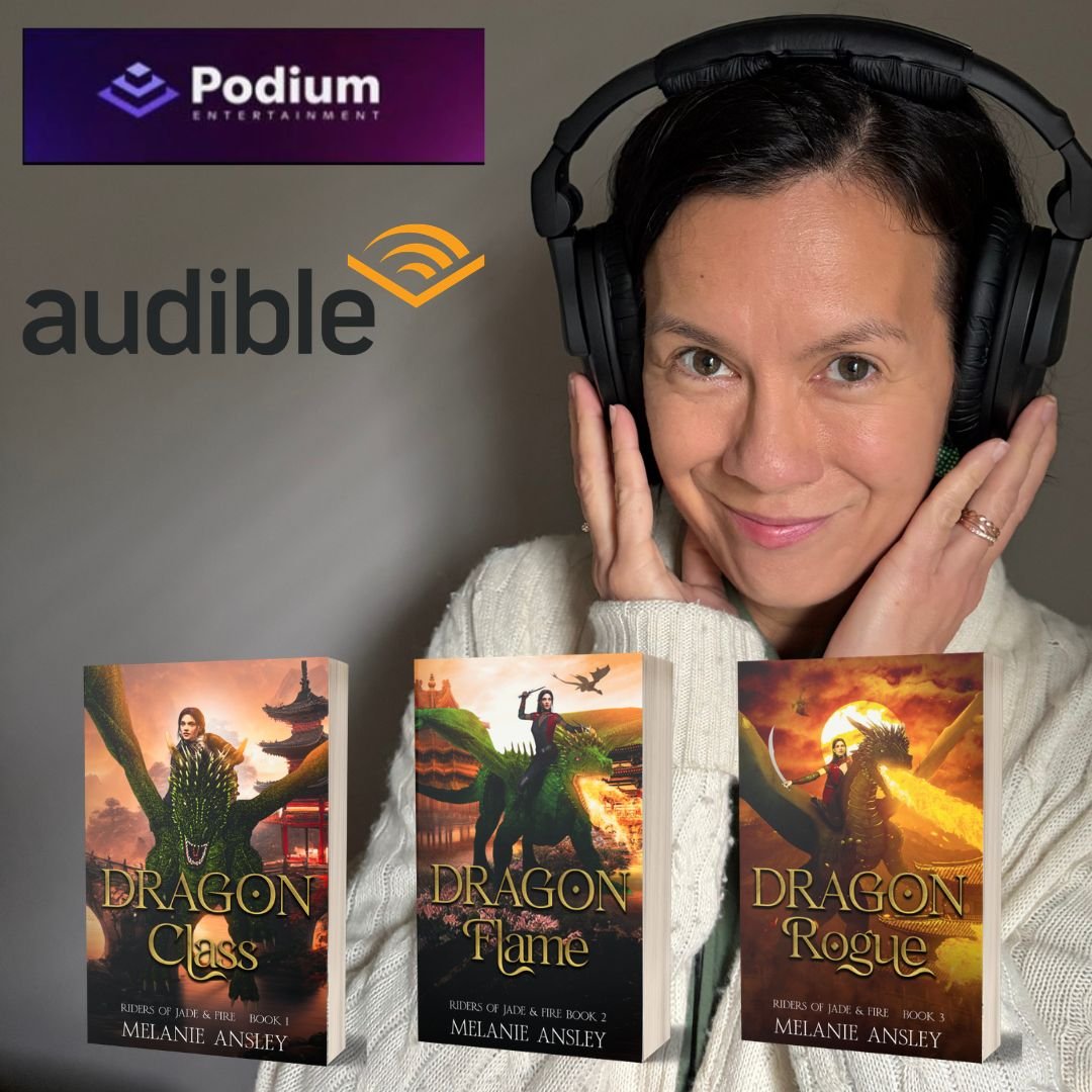 Melanie Ansley with headphones and audiobooks of dragon fantasy series